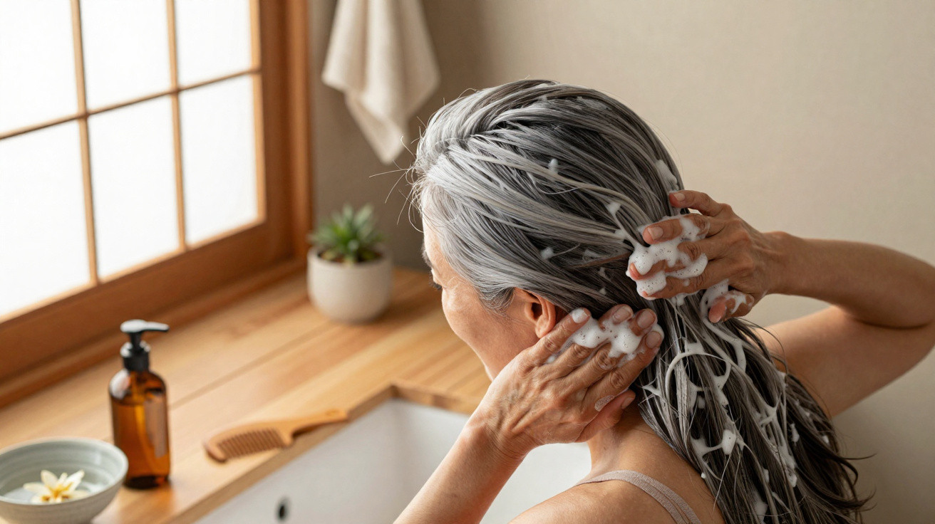 Femme lavant ses cheveux avec du shampooing mousse dans une salle de bain lumineuse et épurée.