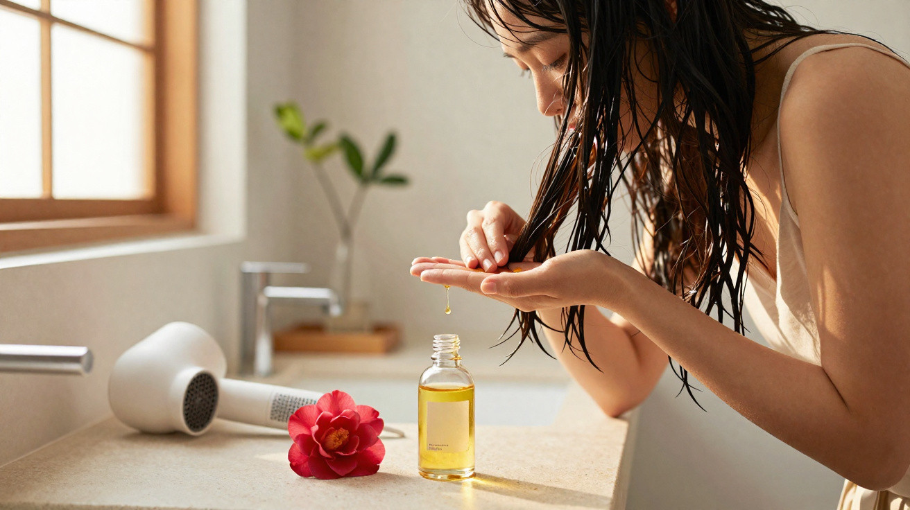 Femme appliquant de l'huile capillaire sur ses mains dans une salle de bain lumineuse avec une fleur et un sèche-cheveux.