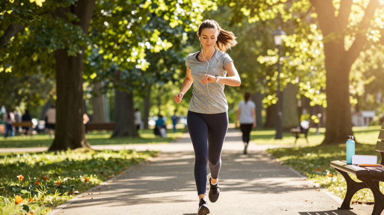 Femme courant dans un parc ensoleillé, habillée en tenue de sport avec écouteurs et montre connectée.