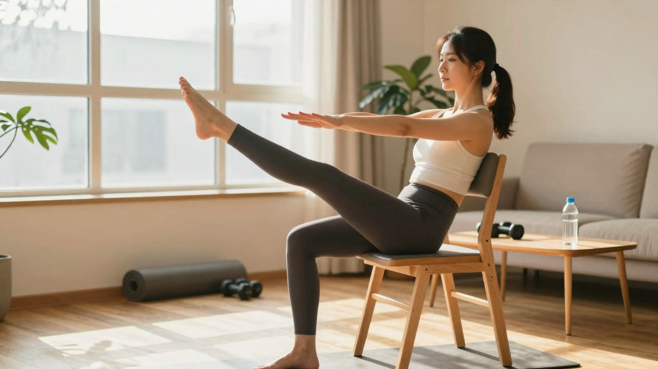 Femme en tenue de sport faisant un exercice de gainage sur chaise dans un salon lumineux.