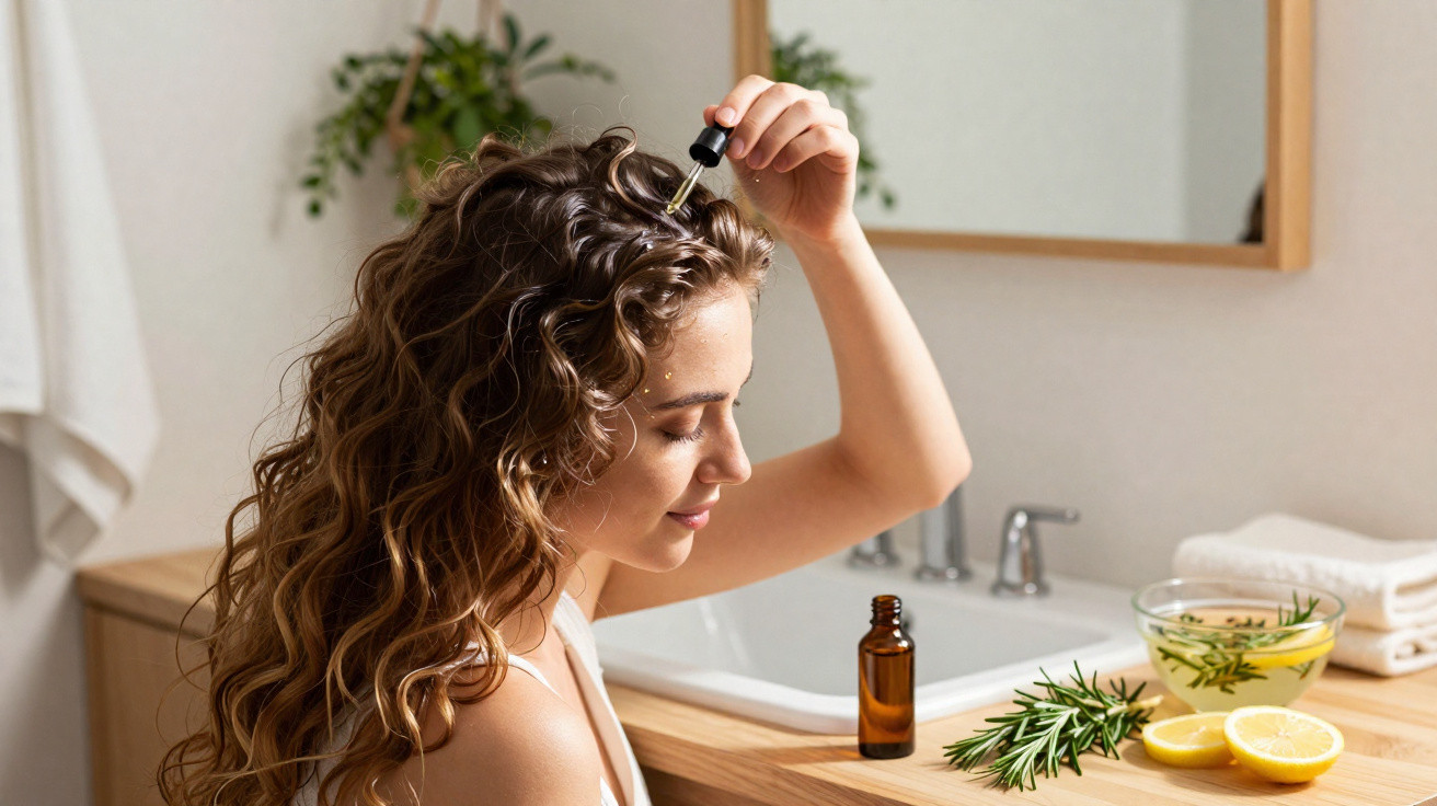 Femme appliquant un sérum capillaire avec une pipette dans une salle de bain lumineuse et naturelle.