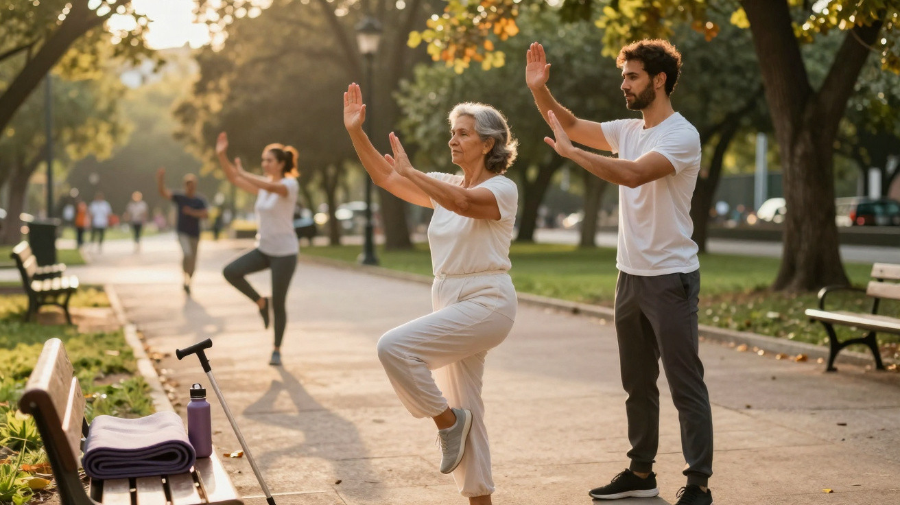 Personnes de différentes générations pratiquant le tai-chi dans un parc ensoleillé.