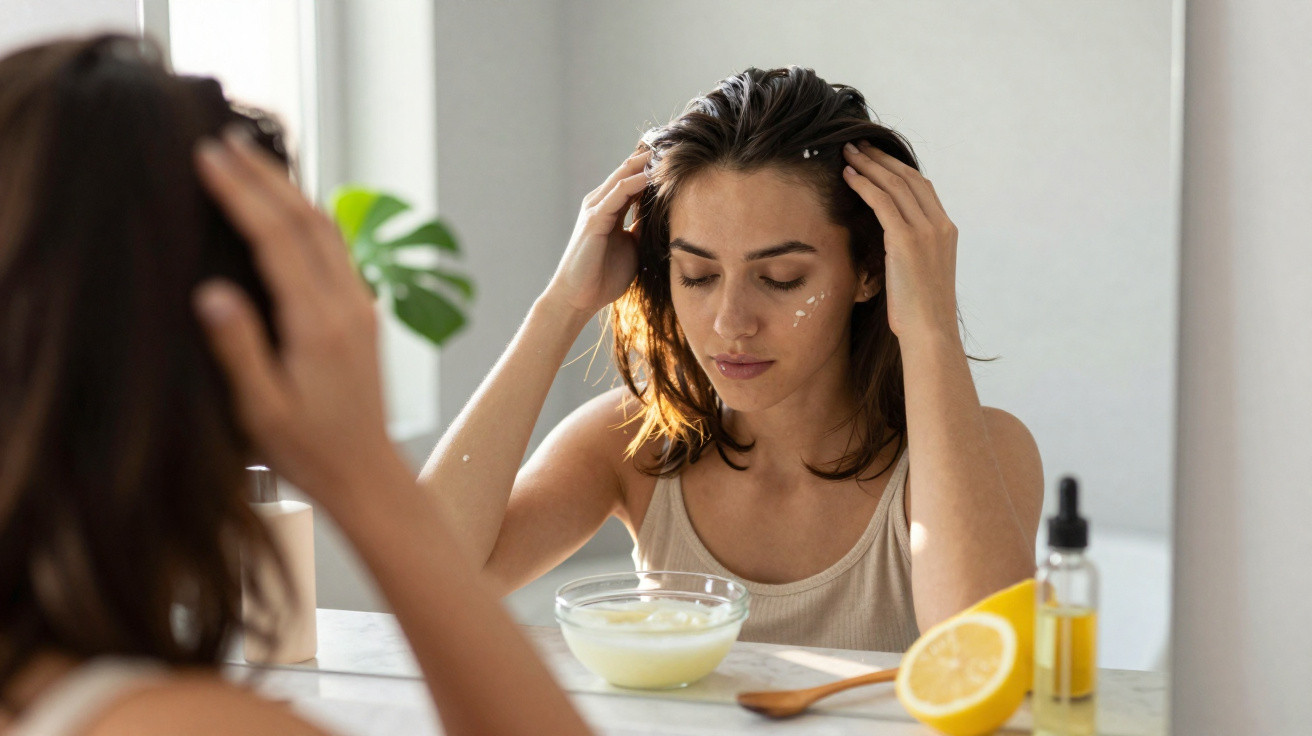 Jeune femme appliquant une crème sur son visage devant un miroir, avec citron et huiles sur la table.