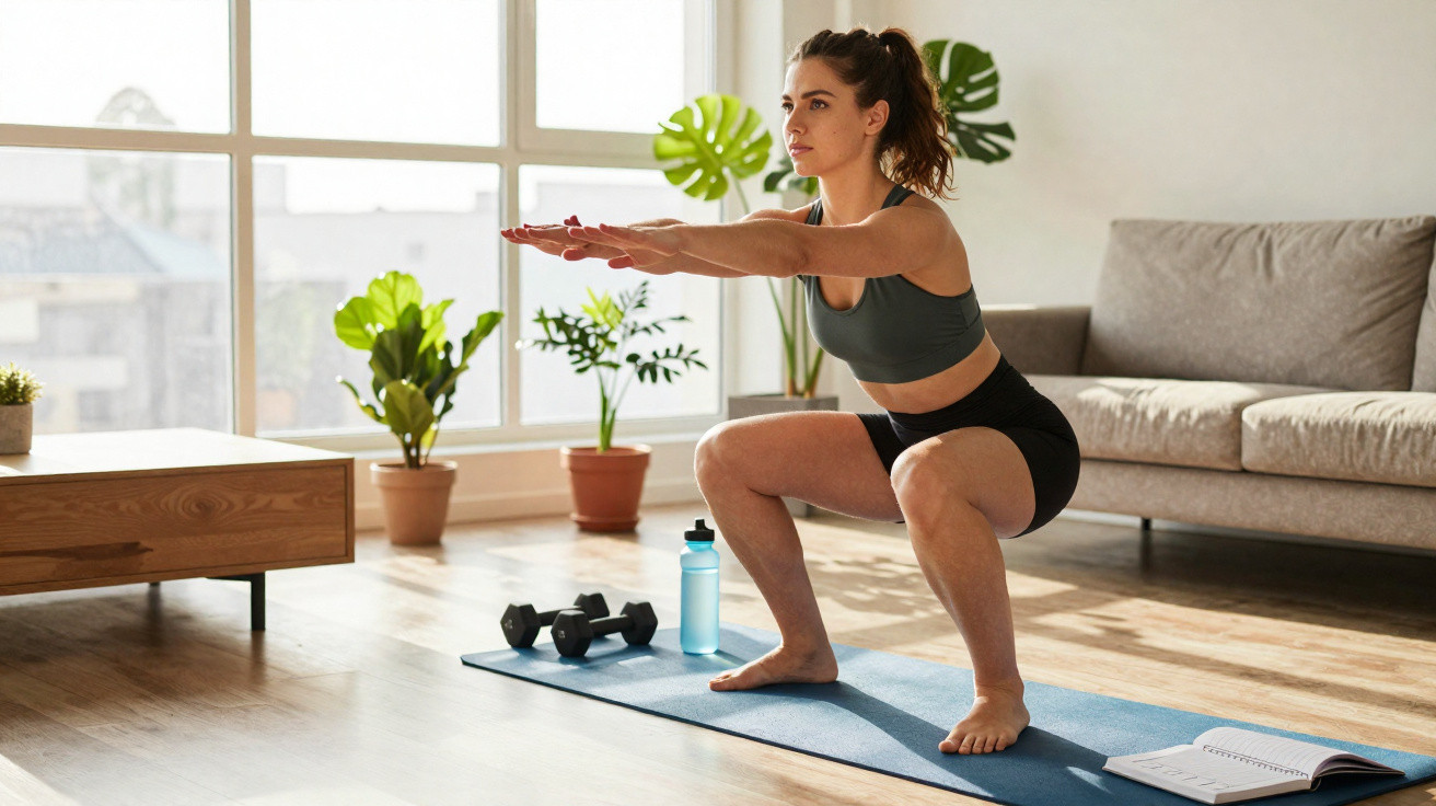 Femme effectuant un squat sur tapis dans un salon lumineux avec plantes, haltères, bouteille d'eau et carnet ouvert.