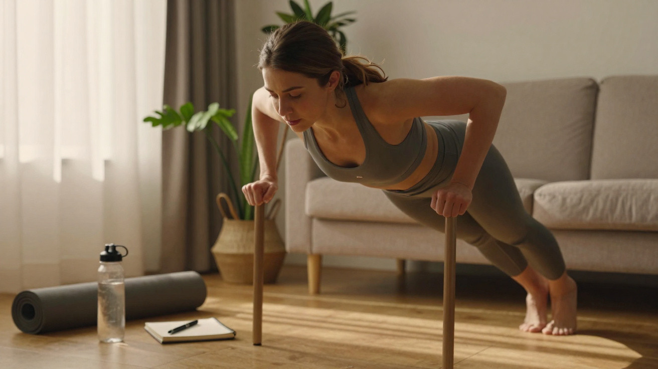 Femme en tenue de sport effectuant des pompes à l'aide de barres en bois dans un salon lumineux.