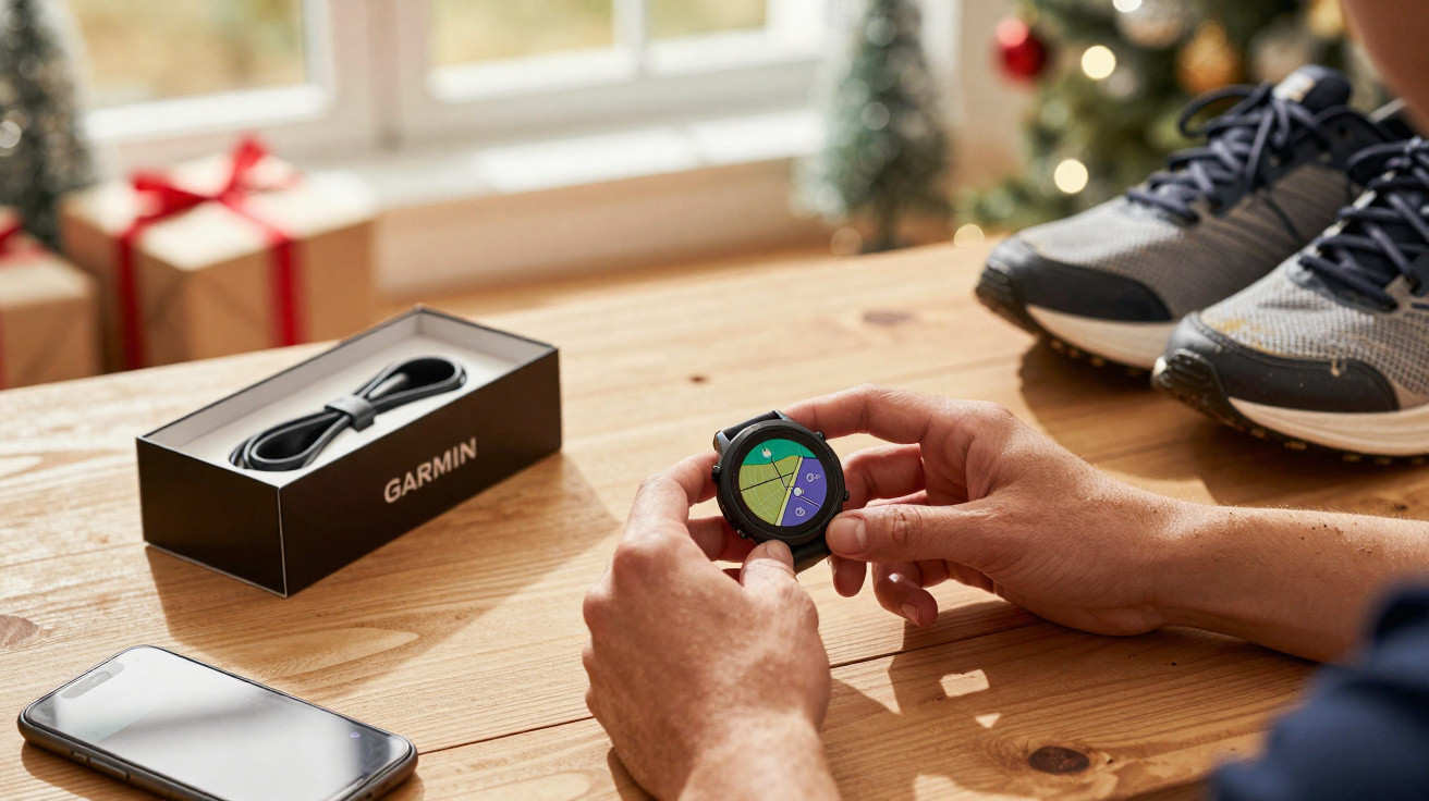 Une personne tient une montre Garmin connectée près d'une boîte, d'un smartphone et de chaussures de sport sur une table en b