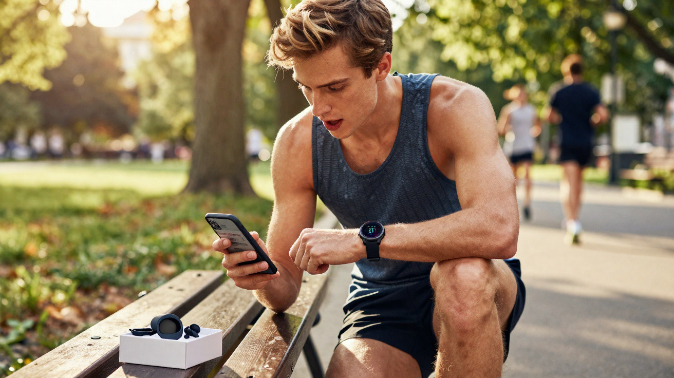 Jeune homme en tenue de sport consulte son smartphone et montre sa montre connectée sur un banc en plein air.