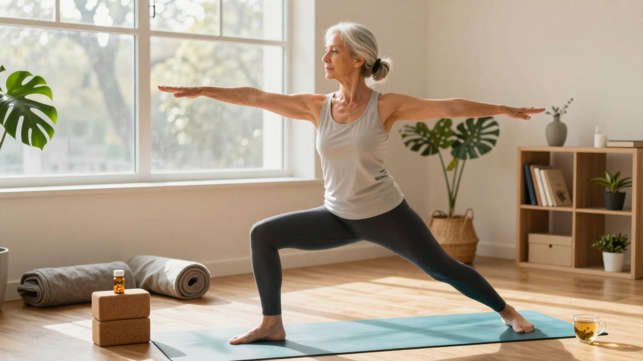 Femme âgée pratiquant le yoga dans une pièce lumineuse avec tapis et accessoires de relaxation.