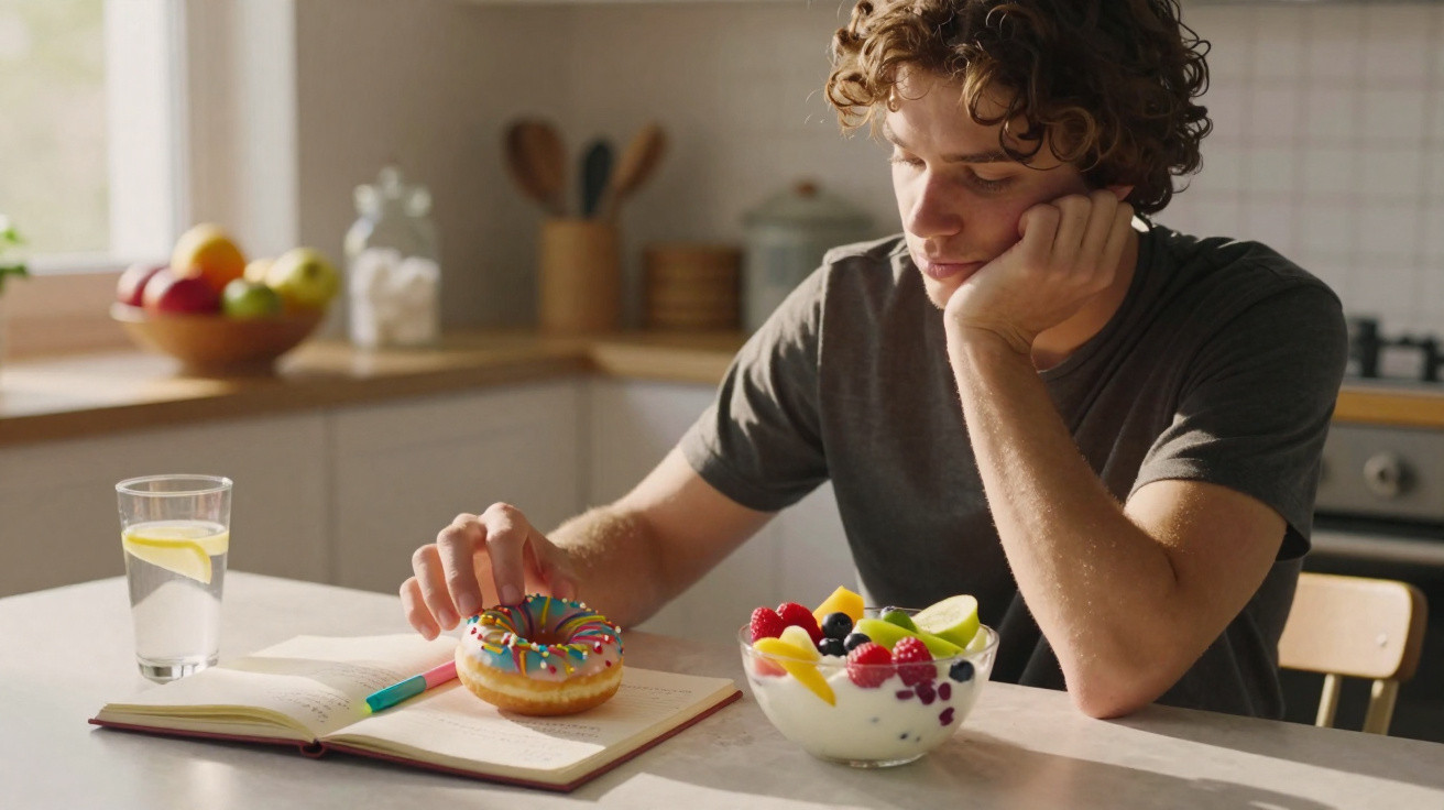 Jeune homme pensif mangeant un donut coloré à la cuisine, avec un bol de fruits et un verre d'eau citronnée.