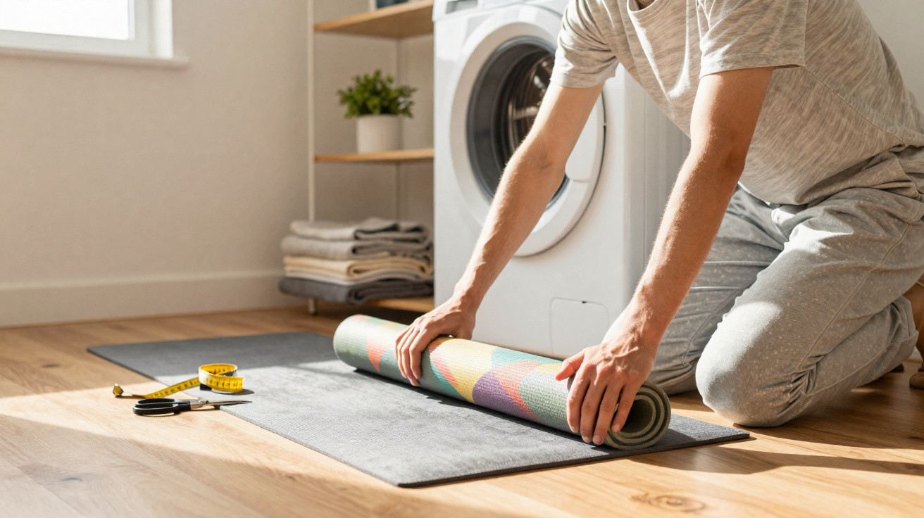 Personne en tenue décontractée déroulant un tapis de yoga dans une pièce avec machine à laver et étagère.