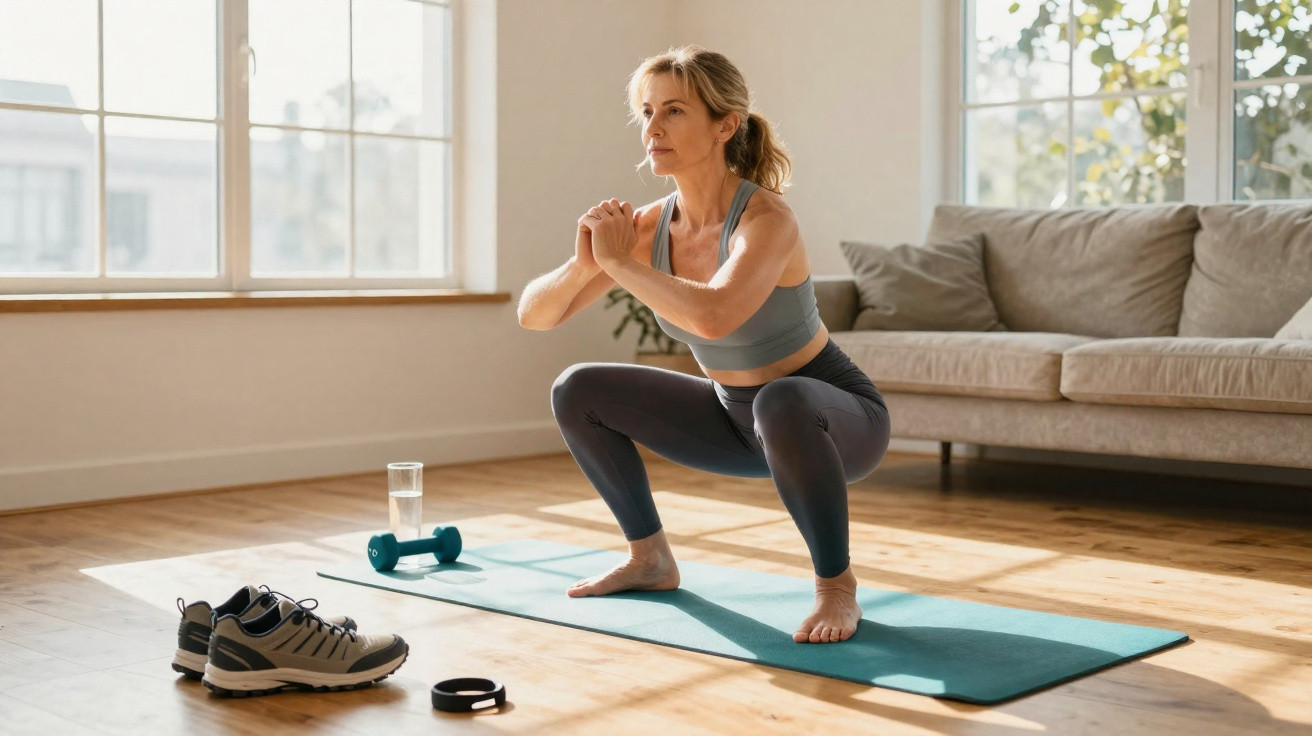 Femme effectuant des squats sur un tapis de yoga dans un salon lumineux avec bouteille d'eau et haltère.