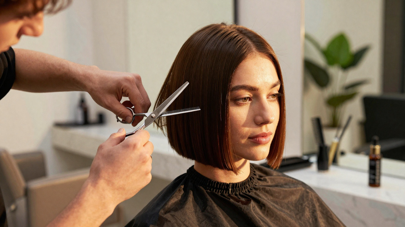 Coiffeur coupant les cheveux d'une femme avec un carré dans un salon de coiffure moderne.