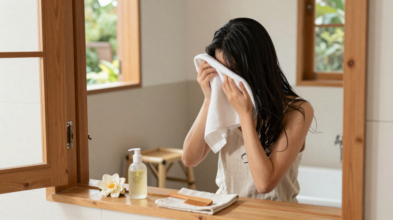 Femme essuyant son visage avec une serviette blanche devant un miroir dans une salle de bain lumineuse.
