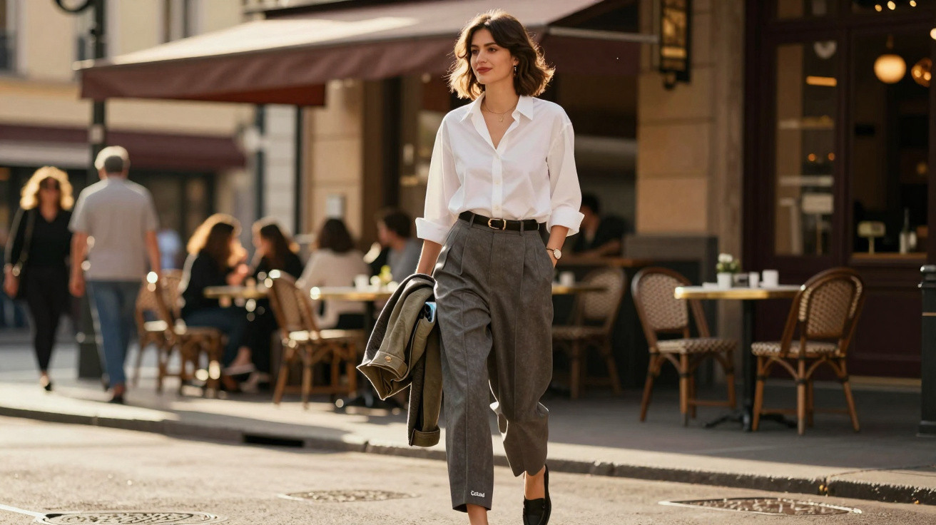 Jeune femme élégante en chemise blanche et pantalon gris marchant devant un café parisien ensoleillé.