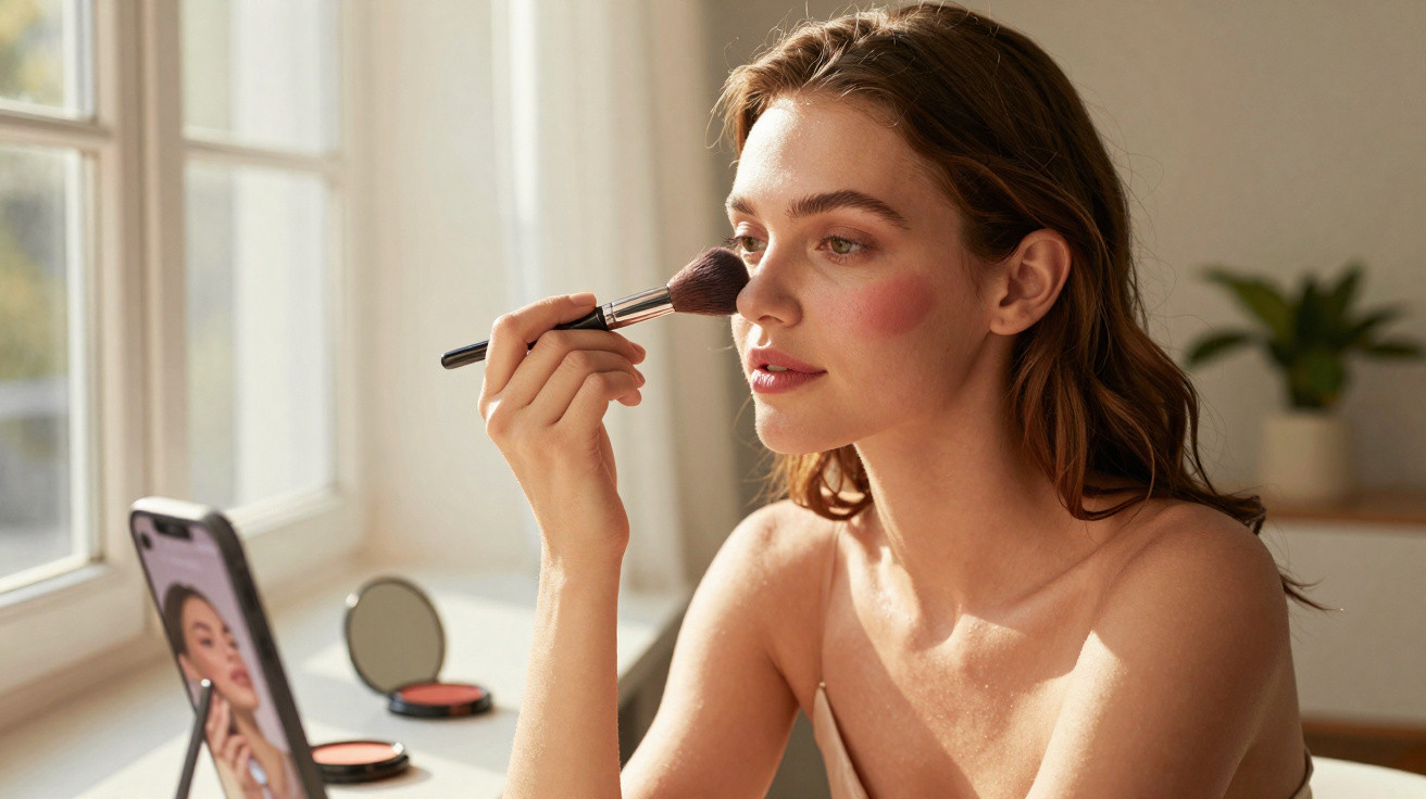 Jeune femme appliquant du blush avec un pinceau devant un miroir et un smartphone près d'une fenêtre.