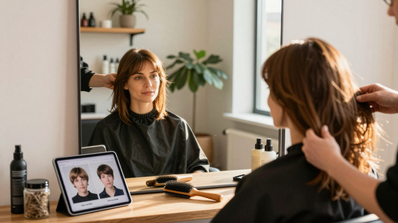Femme chez le coiffeur regardant son reflet dans un miroir pendant une coupe de cheveux.