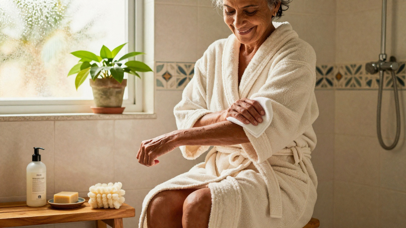 Femme souriante en peignoir blanc assise dans une salle de bain, appliquant une lotion sur son bras.