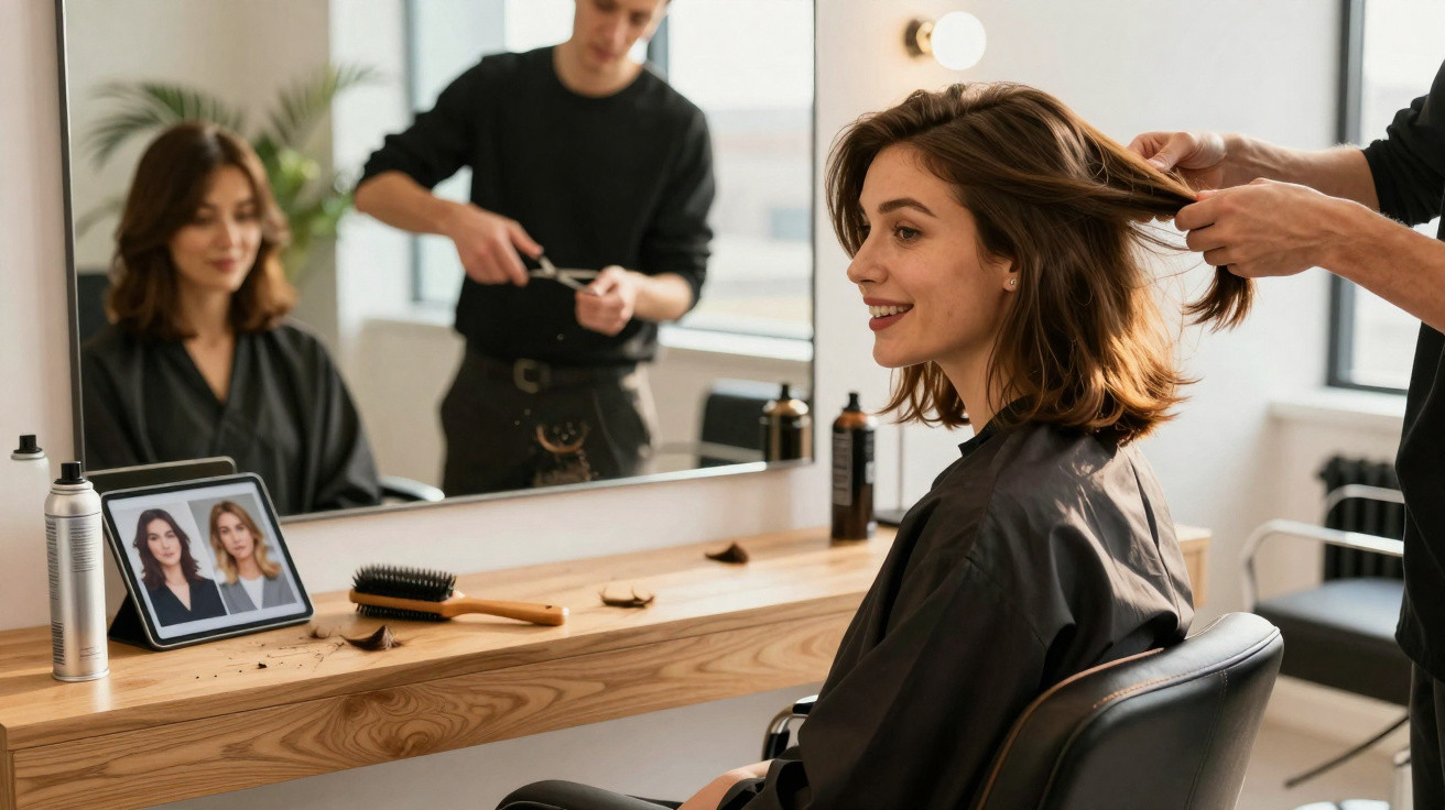 Femme souriante en cape noire se faisant couper les cheveux dans un salon, reflet dans le miroir et photos coiffure à côté.