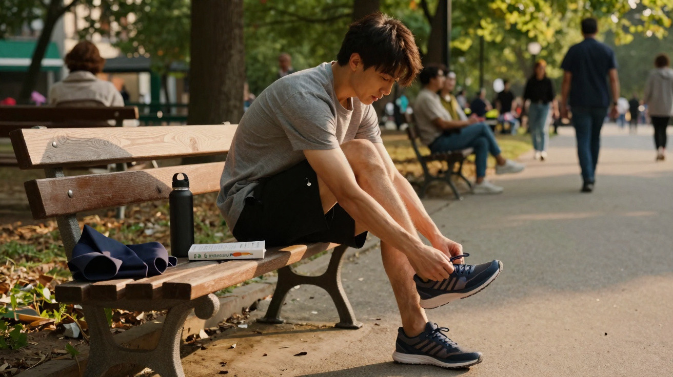 Jeune homme assis sur un banc dans un parc, en train de lacer ses chaussures de sport.
