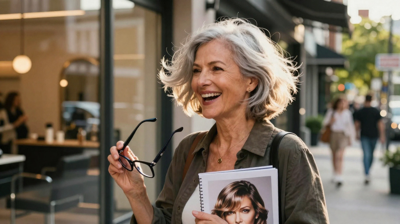 Femme souriante aux cheveux gris tenant des lunettes et un carnet avec portrait, en extérieur urbain.