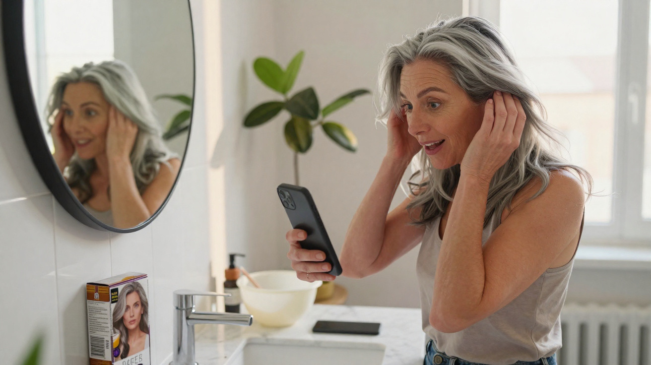 Femme aux cheveux gris souriant en se regardant dans un miroir avec un téléphone à la main dans une salle de bain lumineuse.