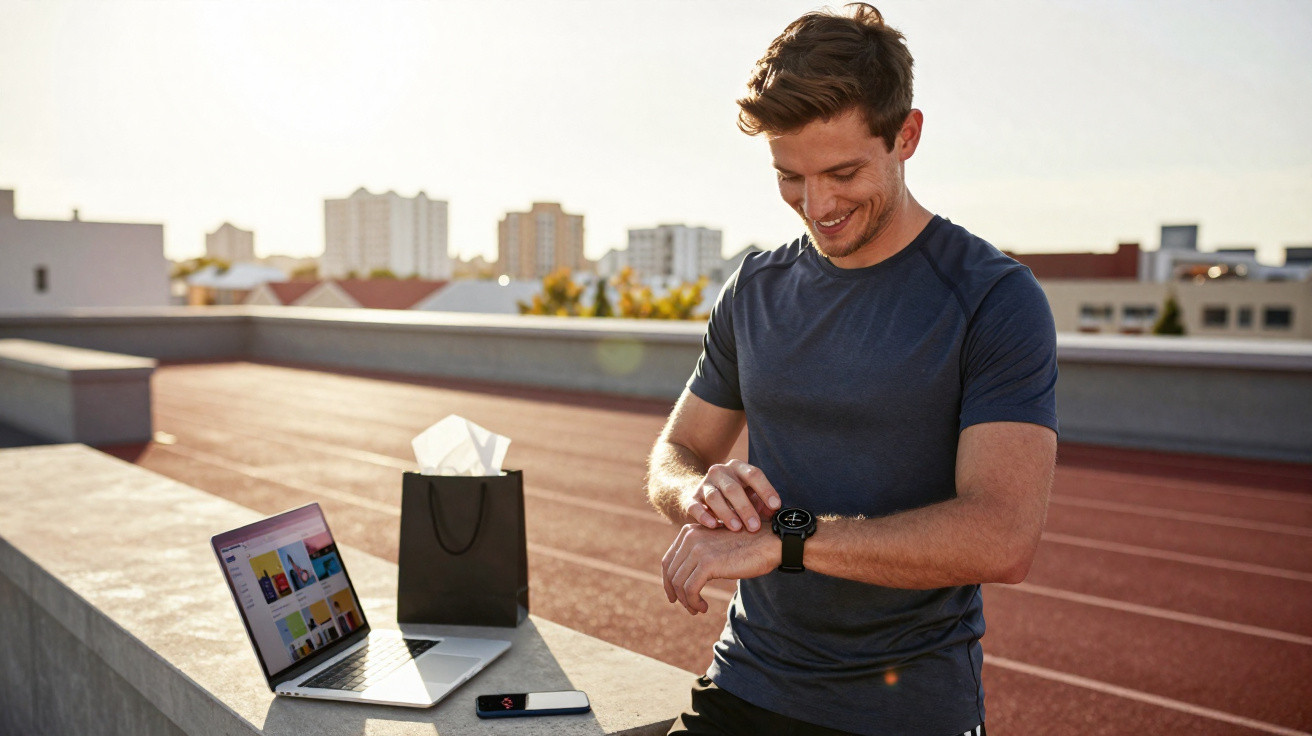 Homme souriant vérifiant sa montre connectée sur un toit avec un ordinateur portable et un téléphone à côté.