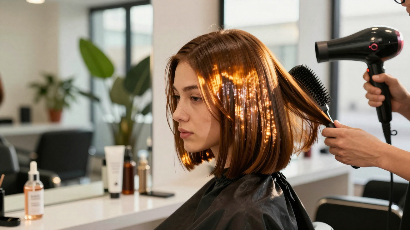 Jeune femme avec un carré long brillant en train de se faire coiffer au sèche-cheveux dans un salon moderne.