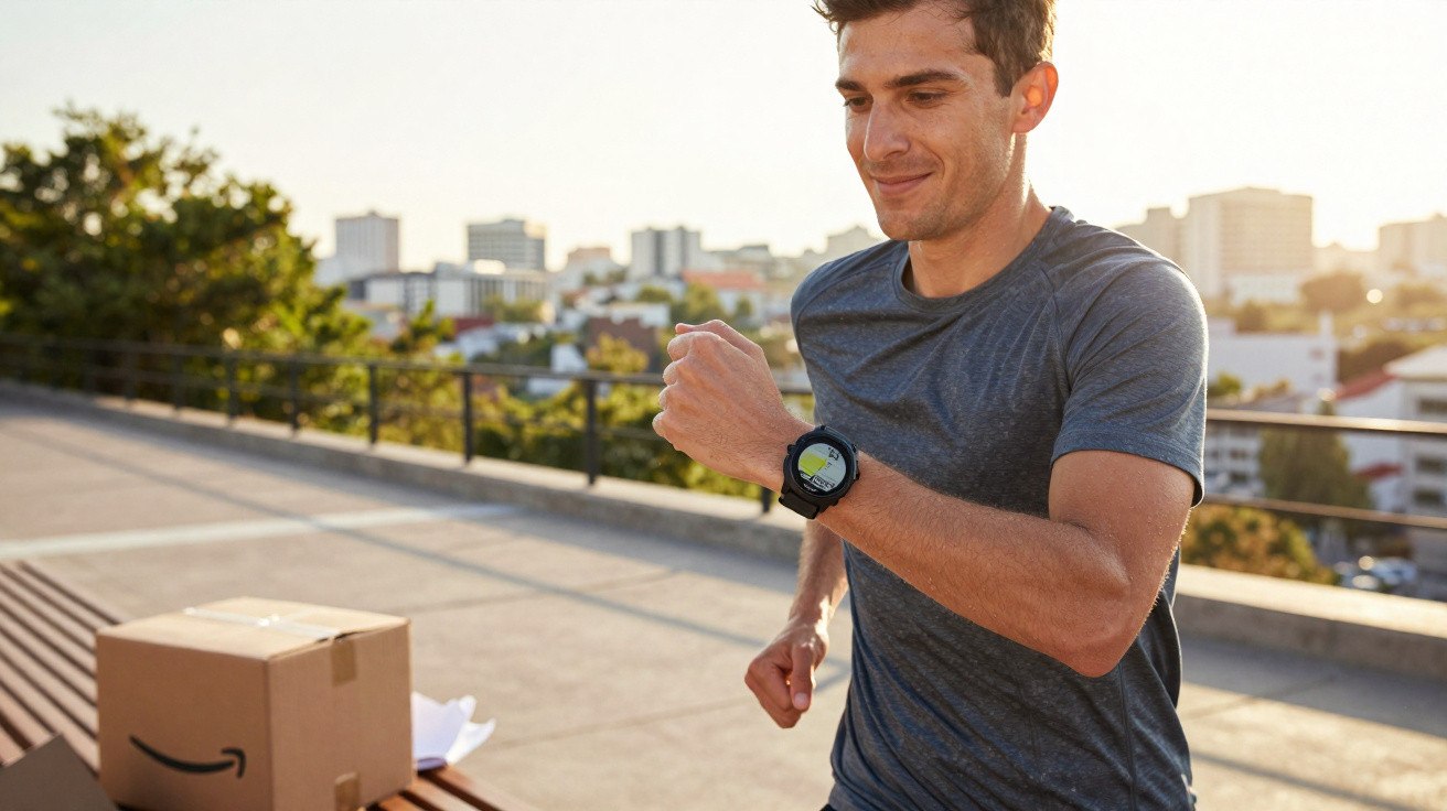 Homme en tenue de sport courant en extérieur avec un smartwatch au poignet et un carton Amazon posé sur un banc.
