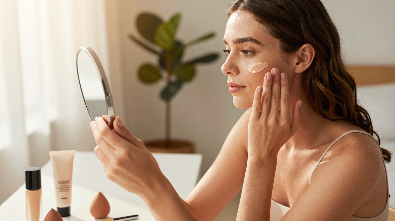 Femme appliquant une crème sur le visage en se regardant dans un petit miroir à main.