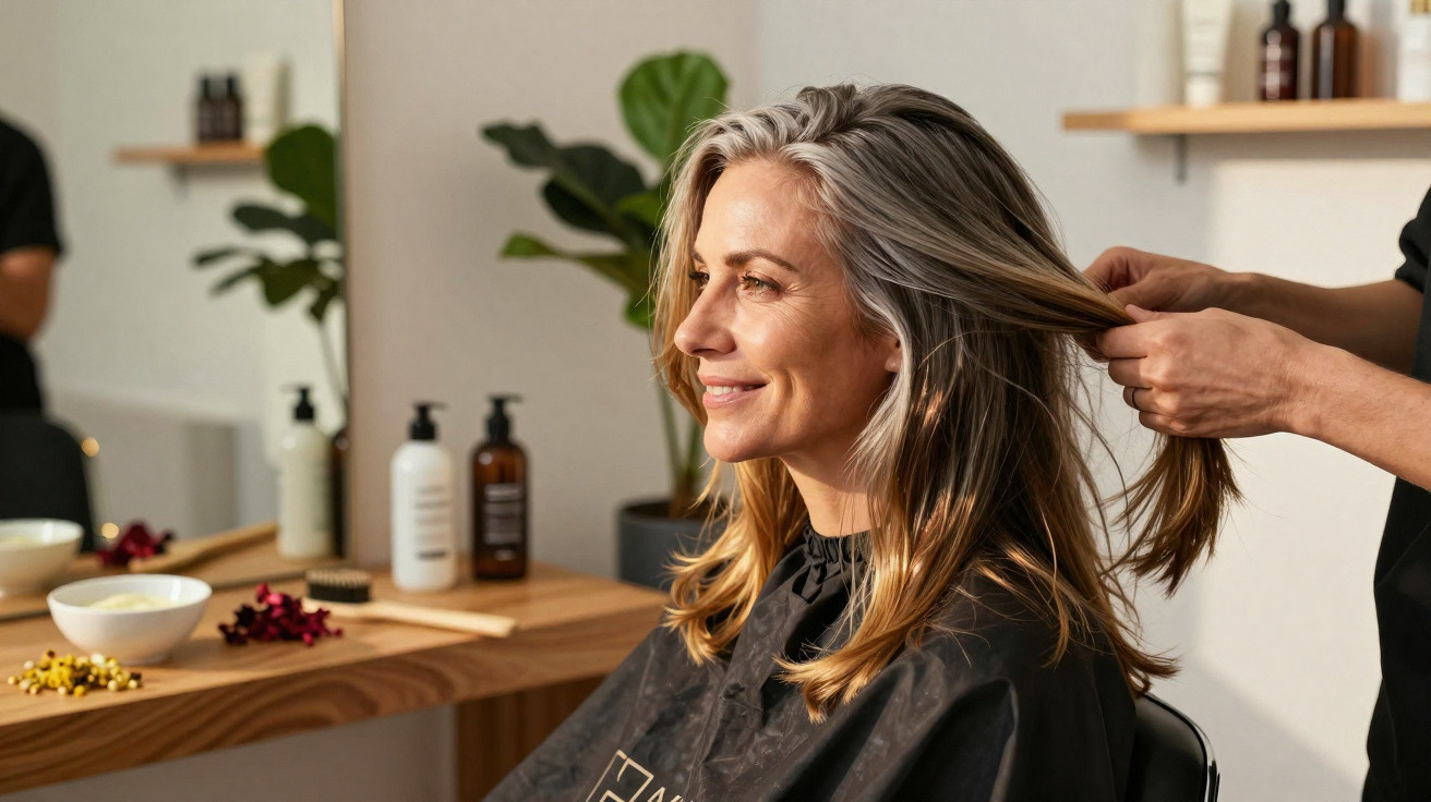 Femme souriante aux cheveux mi-longs blonds coiffés par un styliste dans un salon de beauté lumineux.