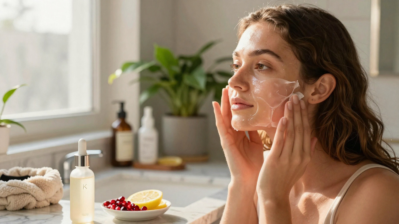Jeune femme appliquant un masque facial transparent dans une salle de bain lumineuse avec plantes et produits de soin.