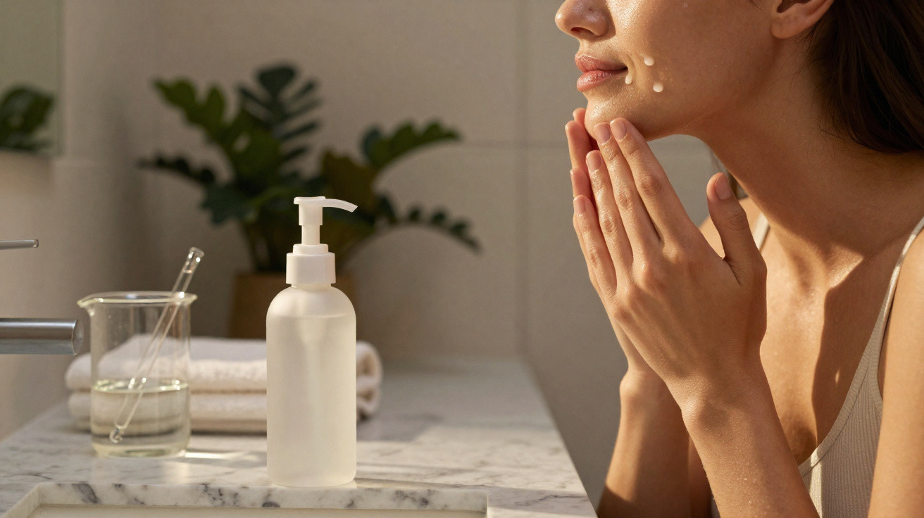 Femme appliquant une crème hydratante sur le visage dans une salle de bain lumineuse.