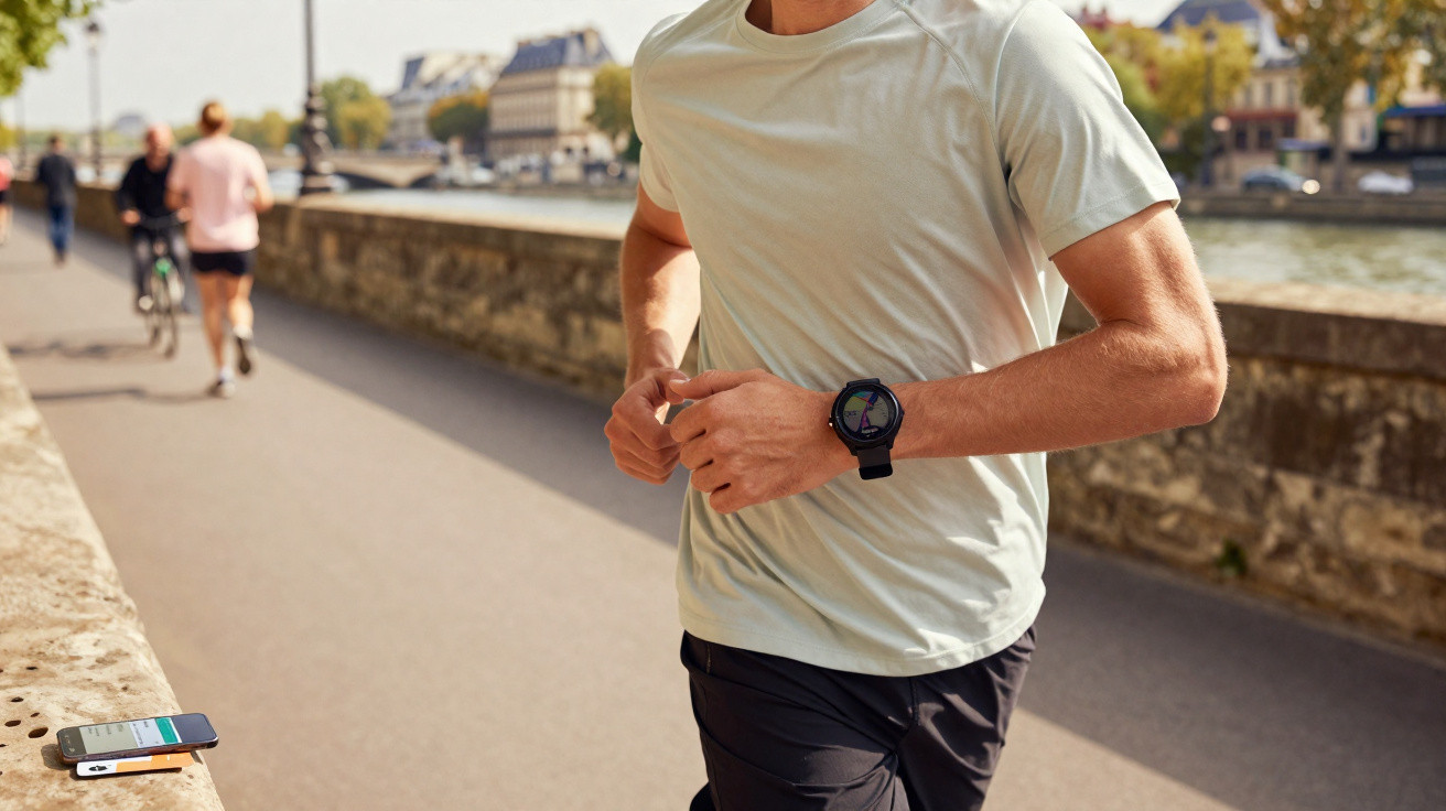 Homme en tenue de sport courant sur un chemin au bord de l’eau avec un smartphone posé sur un muret.