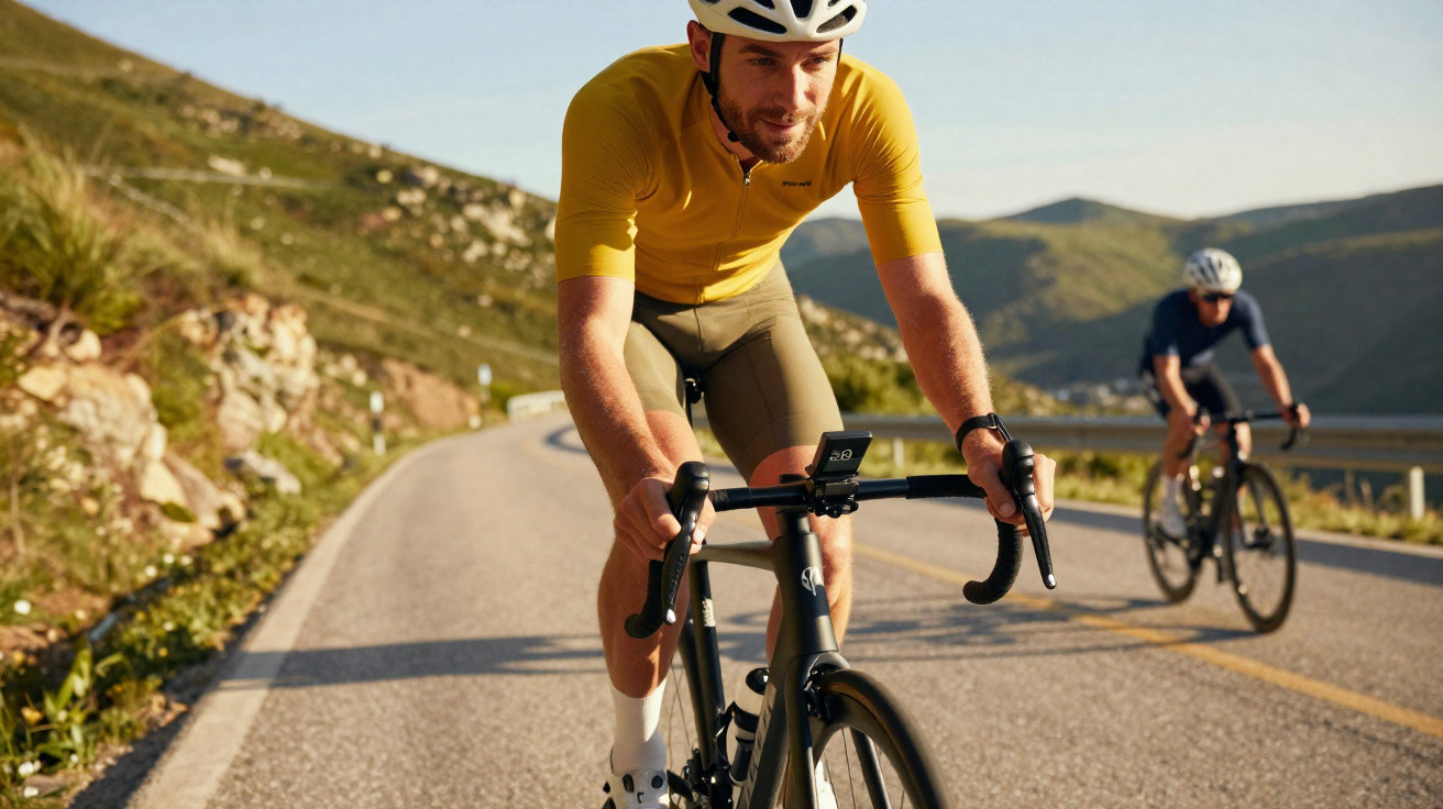Deux cyclistes en tenue, dont un en jaune, pédalent sur une route de montagne ensoleillée.