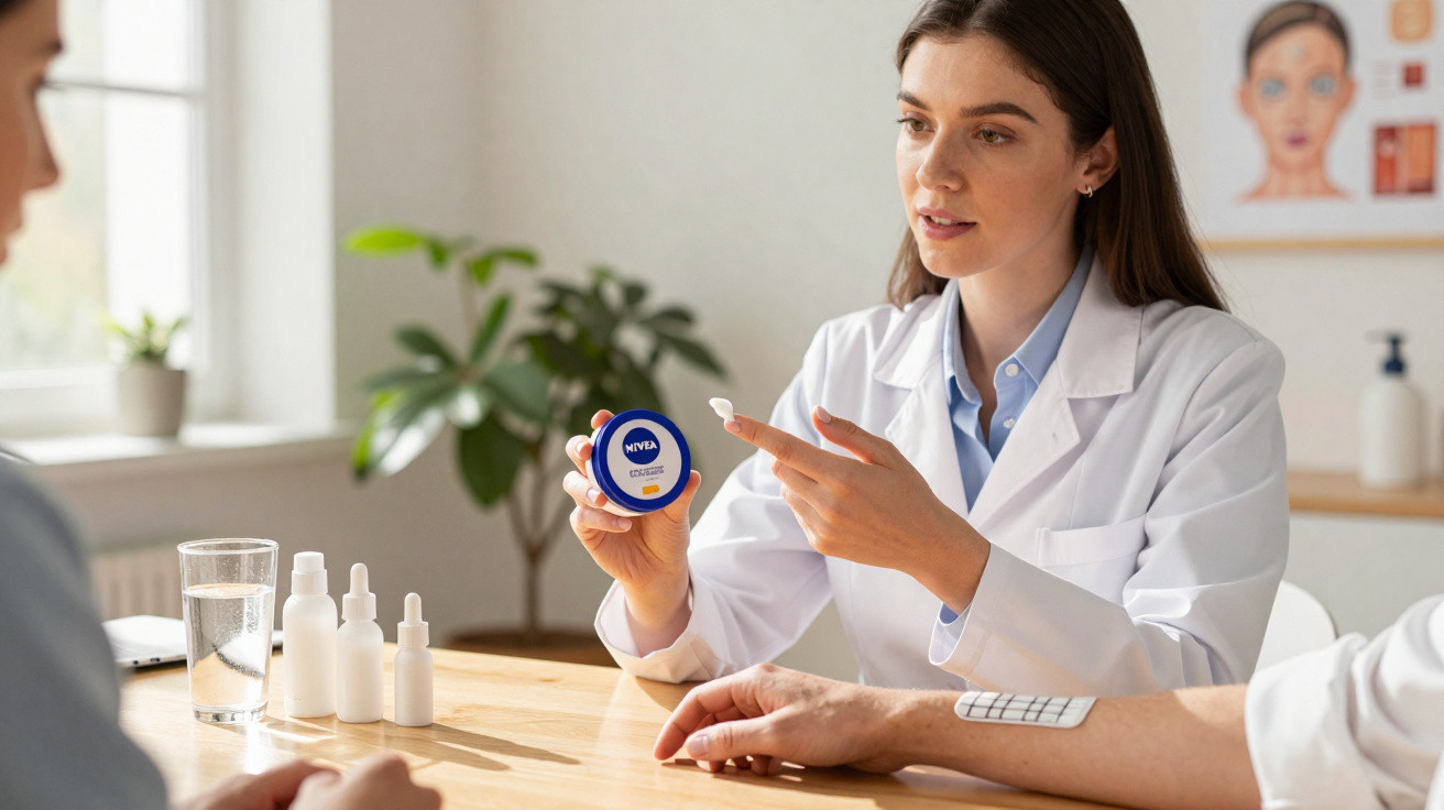 Consultante en dermatologie expliquant un produit Nivea à un patient dans un cabinet médical lumineux.