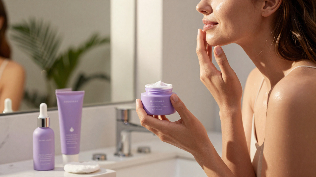 Femme appliquant une crème hydratante violette sur le visage devant un lavabo et un miroir.