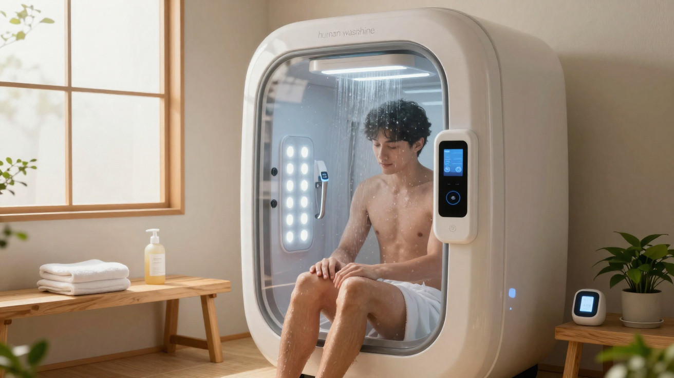 Homme assis dans une cabine de douche futuriste compacte avec des lumières intégrées, dans une pièce éclairée naturellement.