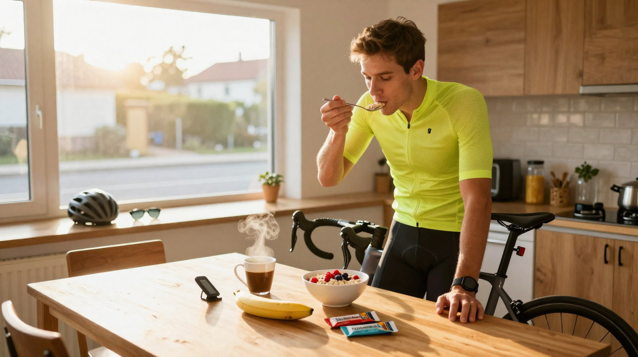 Homme en tenue de cyclisme prenant son petit-déjeuner avec un bol de fruits rouges, café et banane sur la table.