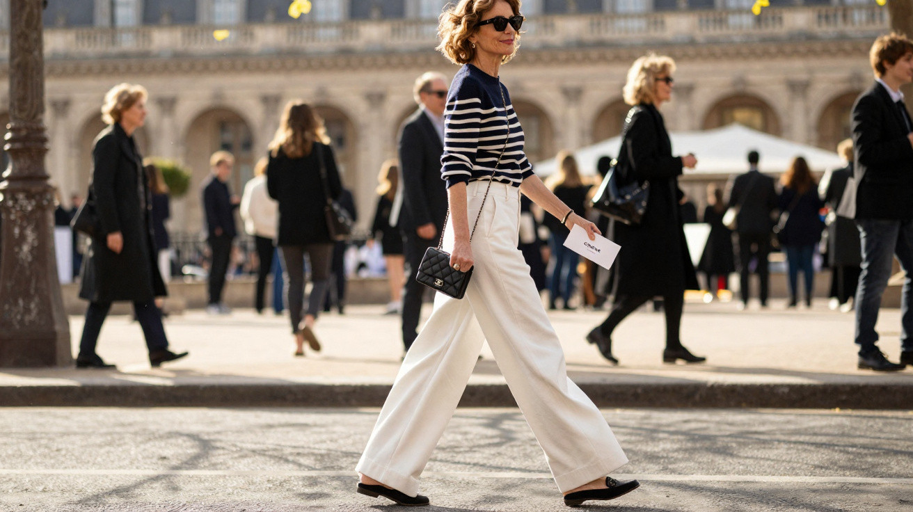 Femme élégante en pantalon blanc et marinière marchant sur un trottoir urbain animé en journée.