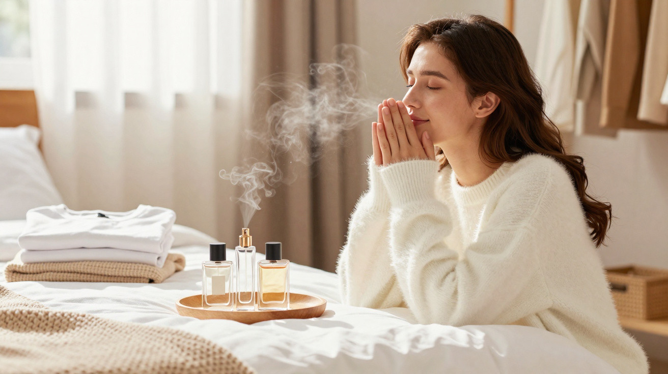 Femme assise sur un lit, profitant du parfum diffusé par des flacons sur un plateau en bois.