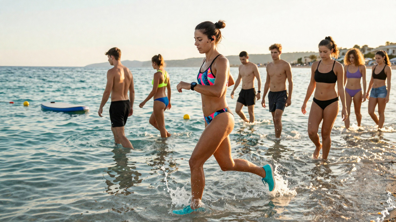 Groupe de jeunes en maillot traversant l'eau peu profonde d'une plage au coucher du soleil.