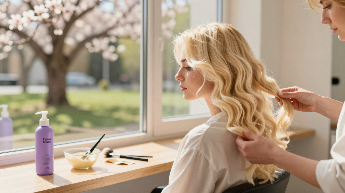 Coiffeur coiffant les longs cheveux blonds ondulés d'une femme près d'une fenêtre avec vue sur un arbre en fleurs.