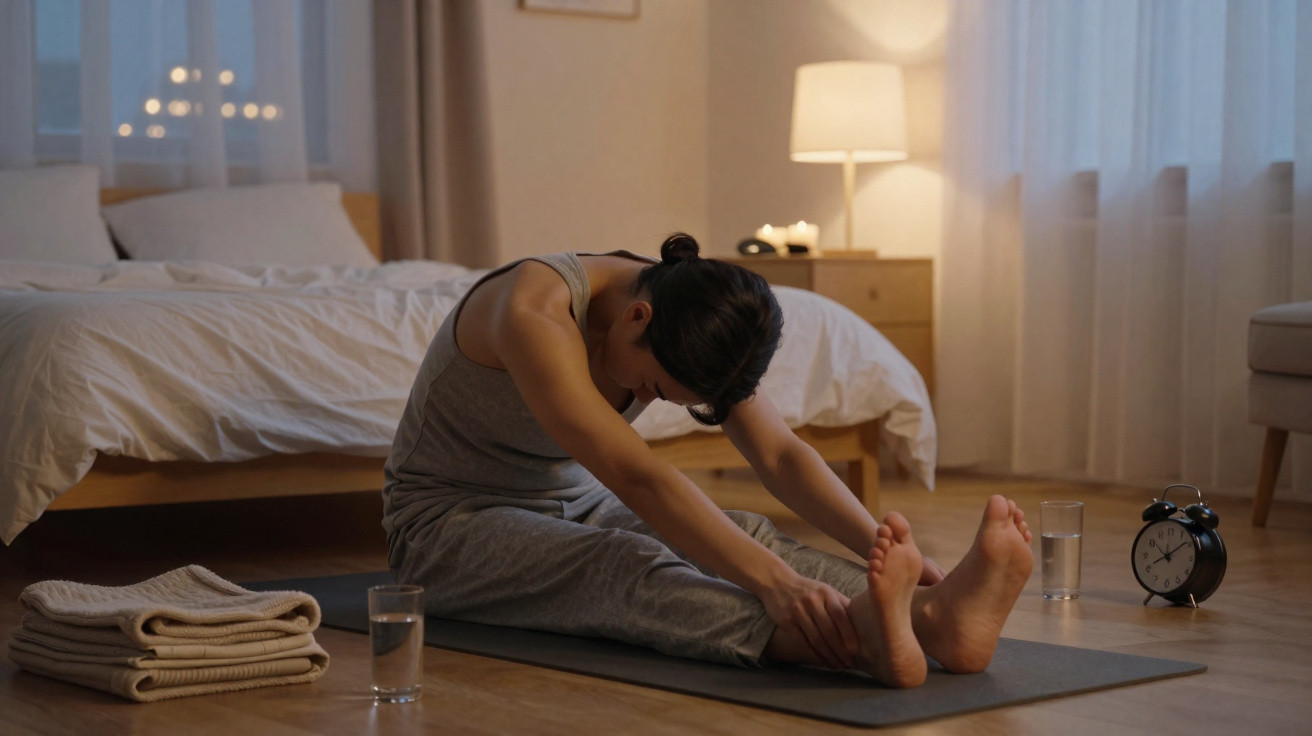 Une femme fait des étirements au sol dans une chambre tamisée avec tapis, serviettes, verre d'eau et réveil.