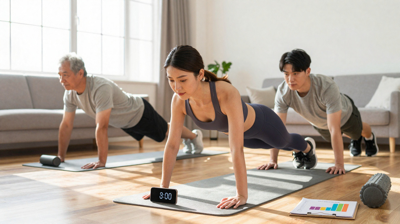 Trois personnes font des pompes sur des tapis de sport dans un salon lumineux avec chronomètre et graphique.