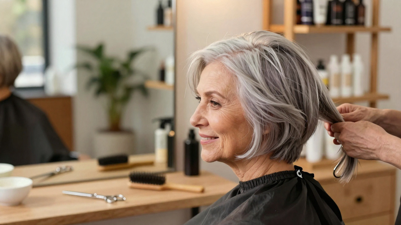 Femme âgée souriante assise chez le coiffeur, les cheveux gris sont en train d’être coiffés.