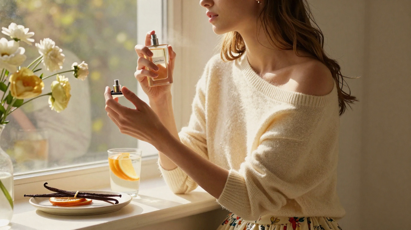 Femme en pull beige appliquant du parfum près d'une fenêtre avec fleurs, verre d'eau et vanille sur le rebord.