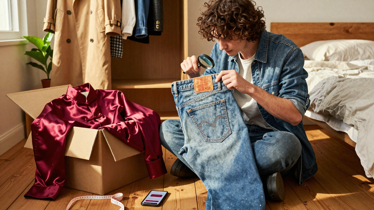 Jeune homme examinant un jean au label avec une loupe, à côté d'une chemise rouge satinée dans une chambre.
