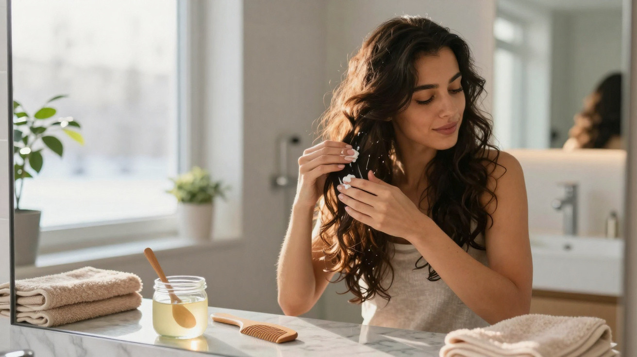 Femme appliquant un soin naturel sur ses cheveux dans une salle de bain lumineuse.