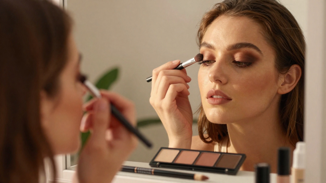 Femme appliquant du fard à paupières marron devant un miroir avec une palette de maquillage.