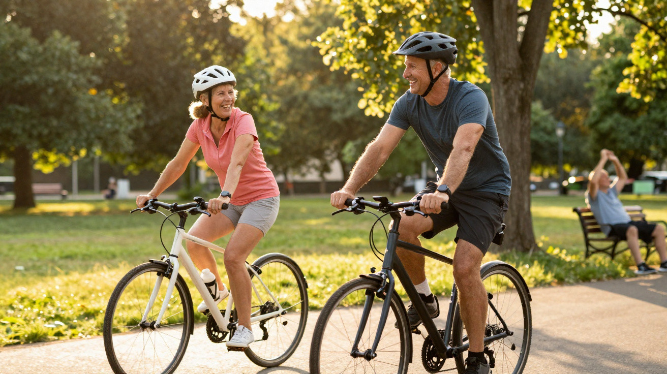 Couple âgé souriant fait du vélo ensemble dans un parc ensoleillé avec des arbres en arrière-plan.